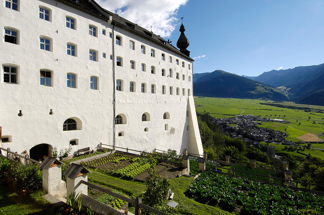 Marienberg monastery in the sunlight, Vinschgau, South Tyrol, Alto Adige, Italy, Europe