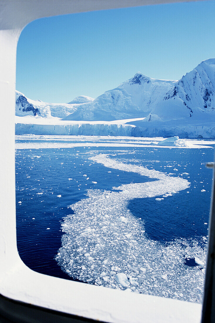 View of ice in the Neumayer Channel from boat window, South Shetland Island, Antarctic Peninsula, Antarctic