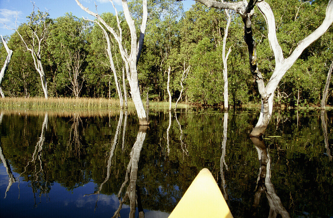 Yellow boat in Lake Bennet, Northern Territory, Australia