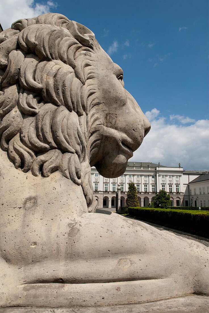 A sculptured Lion in front of the Presidential Palace on Krakowskie Przedmiescie, Warsaw, Poland