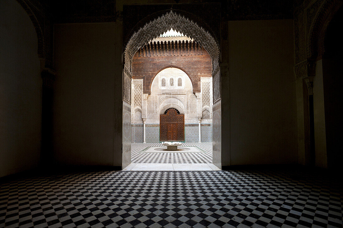 Looking into courtyard of Medersa el Attarin in the medina of Fez, Morocco
