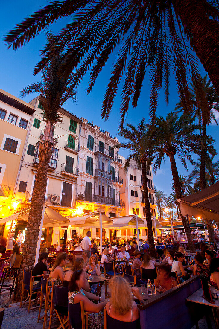 People In Cafes And Restaurants In Square With Palm Trees In The Evening, Palma, Majorca, Spain