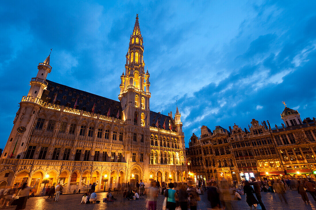 Town Hall (left) and other buildings at dusk in the Grand Place, Brussels, Belgium