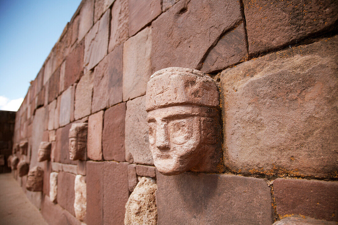 Carved stone heads in ruins, Tiahuanaco, Bolivia