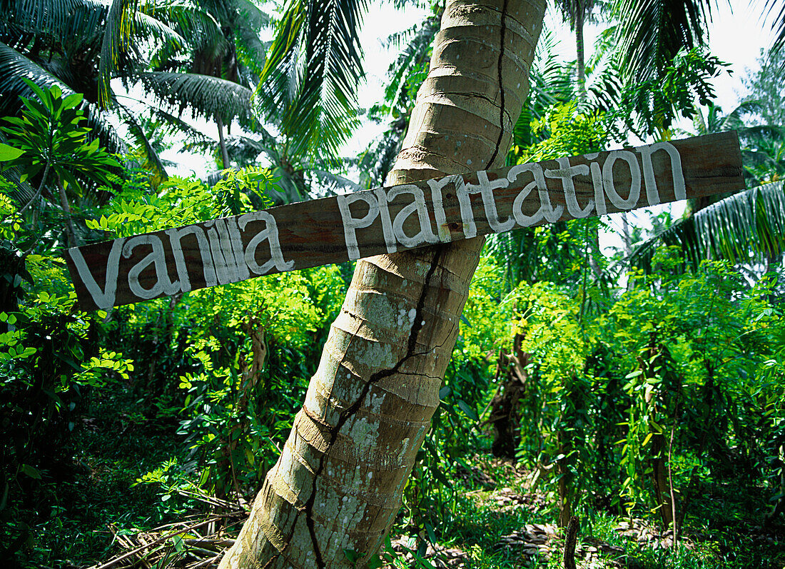 A sign for a vanilla plantation at L'union Estate on La Digue island, Seychelles.