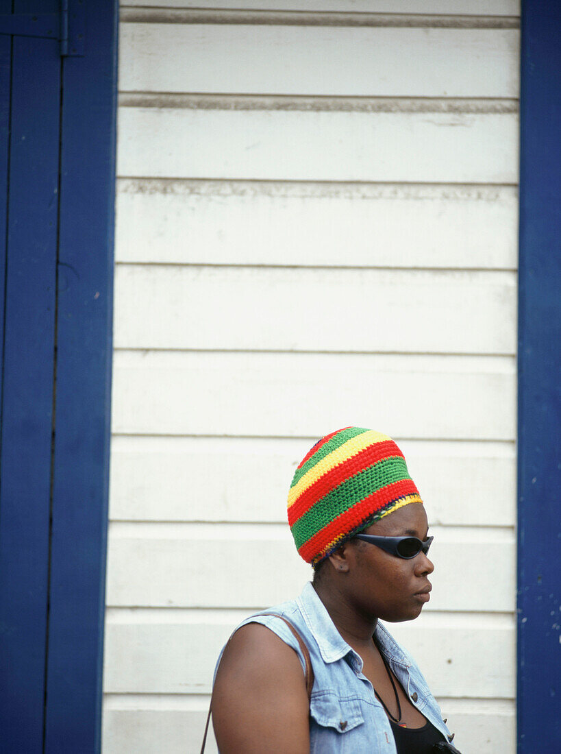 Rasta lady waiting for a lift, Soufriere, St. Lucia