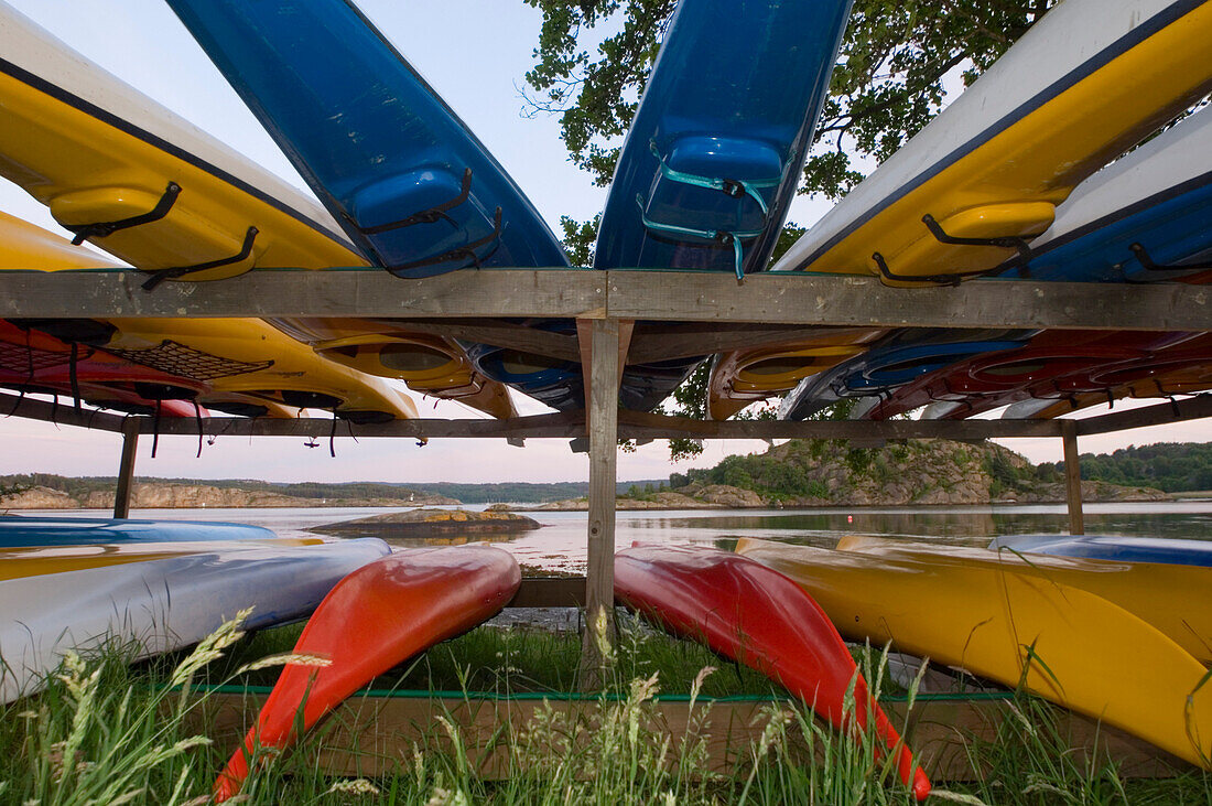 Canoes on rack, Flaton Island, Bohuslan coast, Sweden