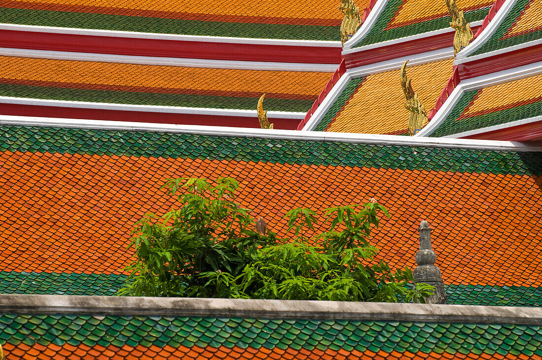 Architectural detail of Wat Pho temple roof, Bangkok, Thailand
