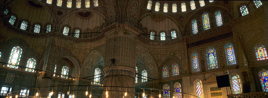 Interior of the Blue Mosque, Istanbul, Turkey. The Blue Mosque was built by Sultan Ahmet I in the early 17th Century and is one of Istanbul's major tourist attractions.
