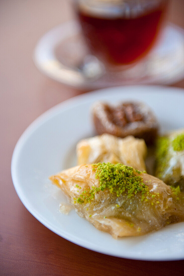 Plate of Baklava and cup of Turkish tea, Istanbul, Turkey.