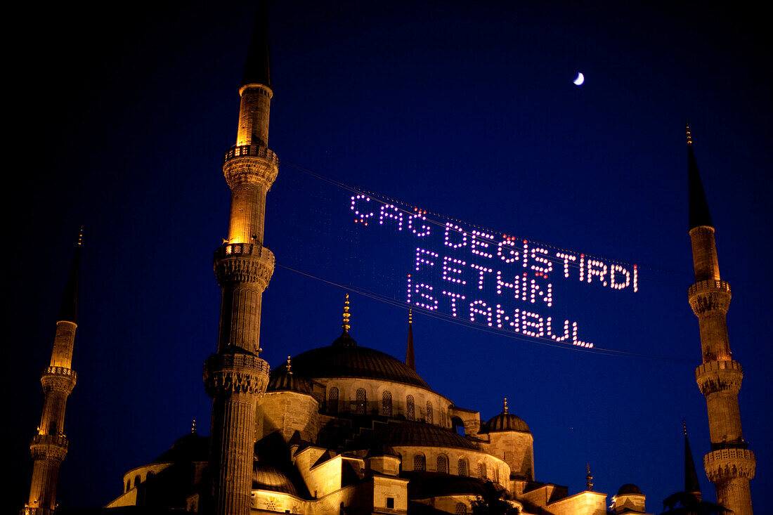 Blue Mosque at night with a lit sign, Sultanahmet, Istanbul, Turkey