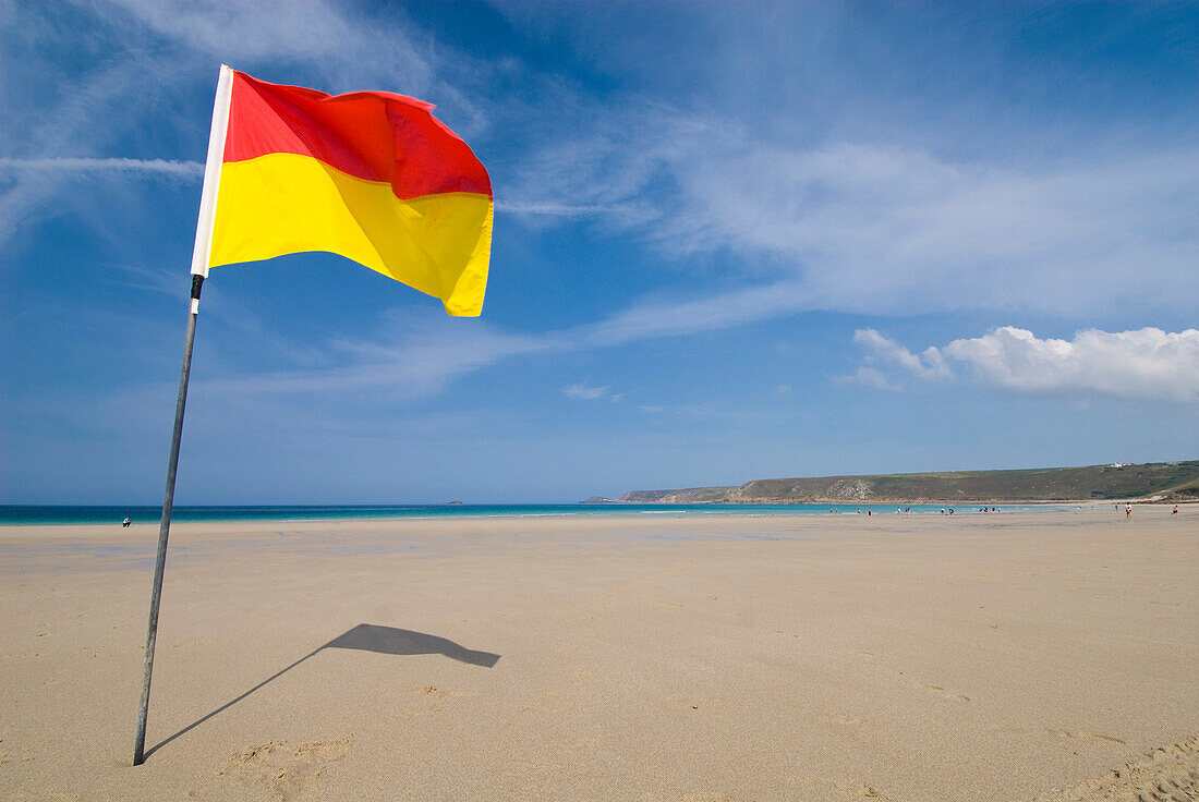 Yellow And Red Flag On The Beach At Bild Kaufen 70374034 Image 