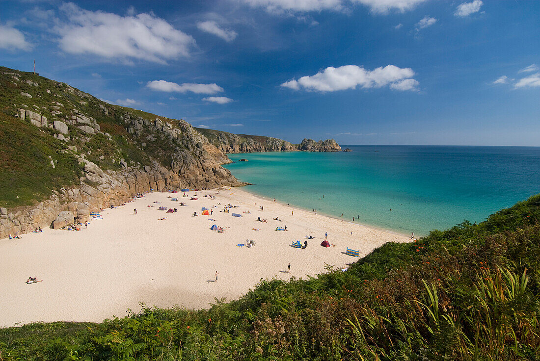 Porthcurno beach, high angle view, Cornwall, England