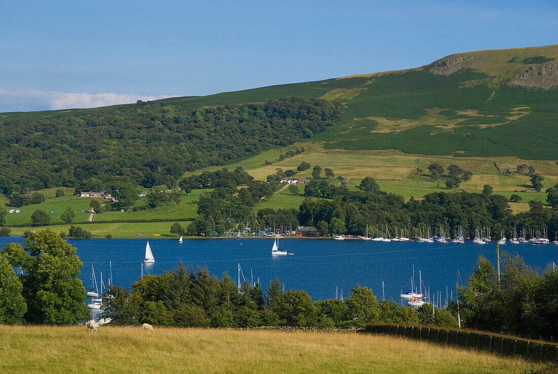 Boats on lake at Ullswater, Cumbria, England