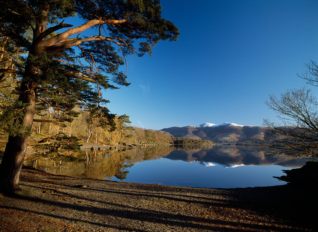 Calm lake at Derwent Water, Lake District, Cumbria, England