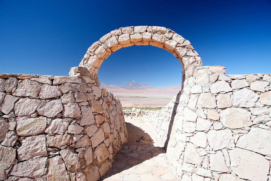 Chile, Atacama, San Pedro de Atacama, Quitor archaelogical site, Licancabur volcano in background