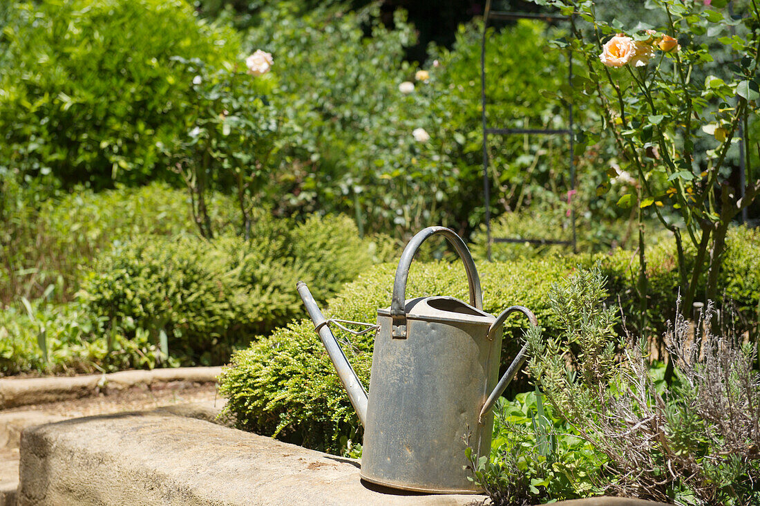 Watering can on a rock in a garden