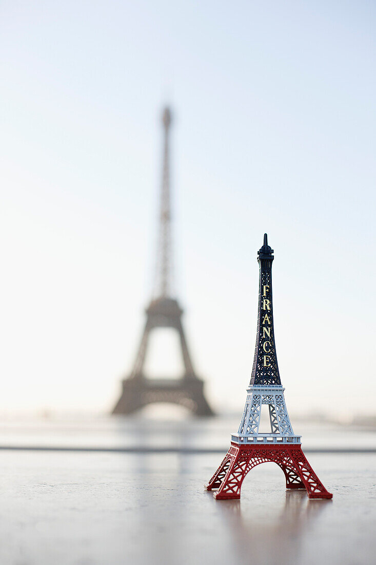 Replica of Eiffel Tower with original one in the background, Paris, Ile-de-France, France