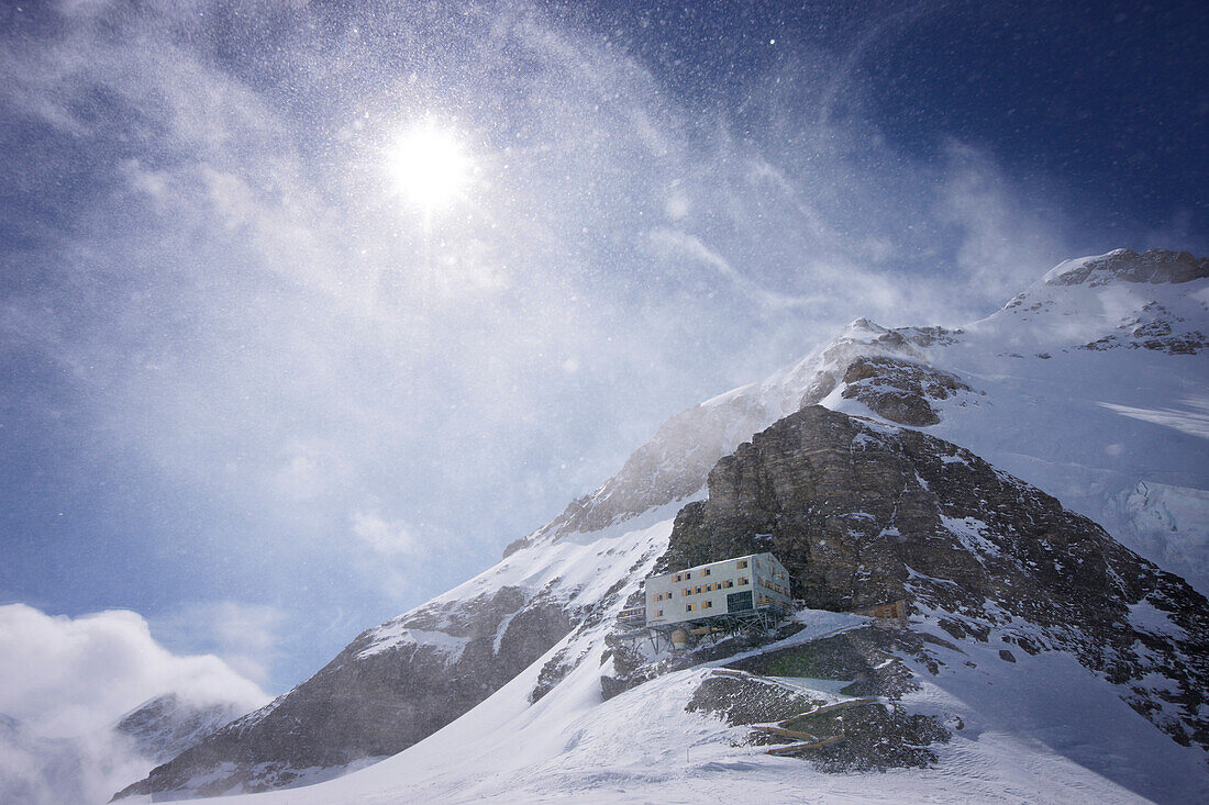 Moenchsjochhuette below Moenchsgipfel, Grindelwald, Bernese Oberland, Switzerland