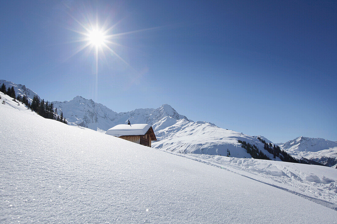 Alpine hut in a Winter landscape, Kloesterle, Arlberg, Austria