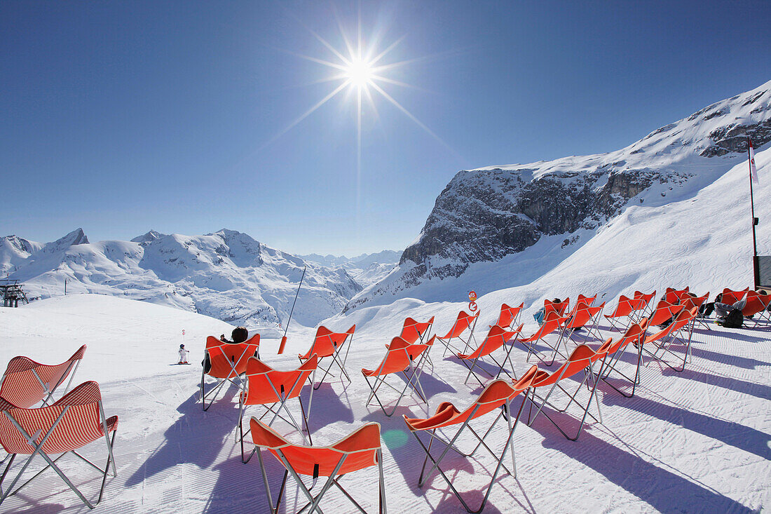 Deck chairs in the snow, Zurs, Arlberggebiet, Austria