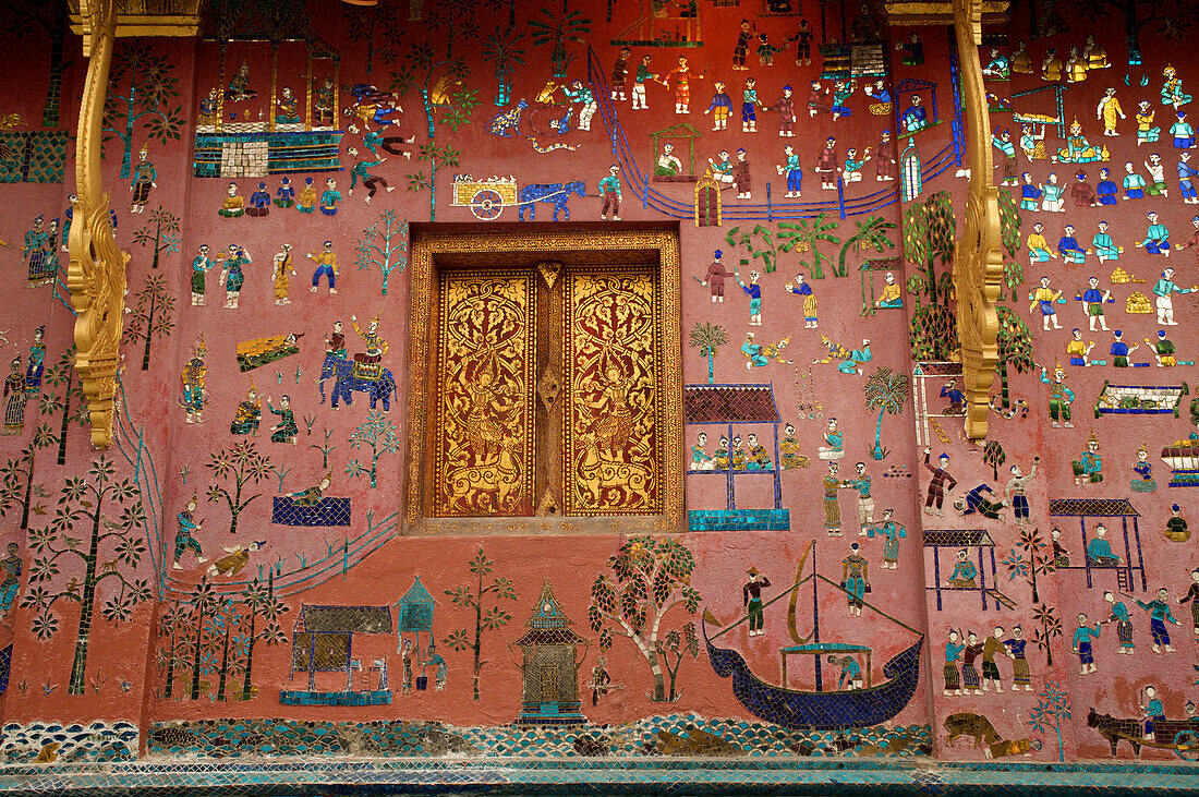Glass mosaics and adorned window, Wat Xieng Thong, Luang Prabang, Laos