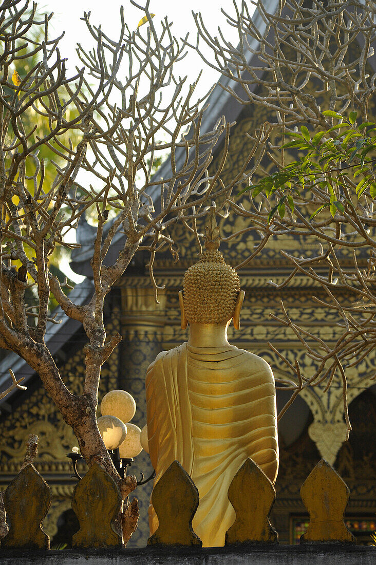 Rückansicht einer Buddha Statue vor Wat Xieng Muan, Luang Prabang, Laos, Südostasien, Asien