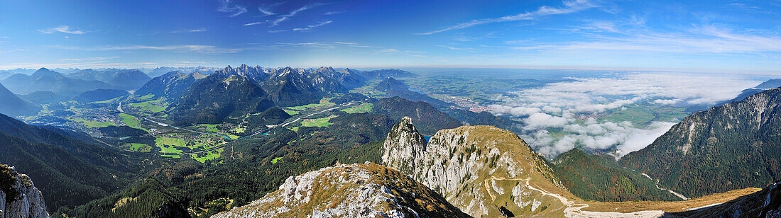 Panorama from Sauling towards Lech valley, Tannheimer mountain range and lake Forggensee, Ammergau Alps, Oberallgau, Bavaria, Germany