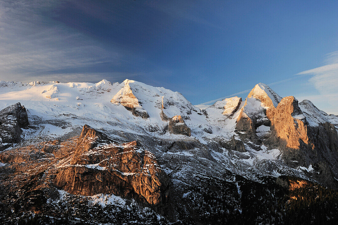 Morgenlicht an der Marmolada, Marmolada, Dolomiten, UNESCO Weltnaturerbe, Südtirol, Italien
