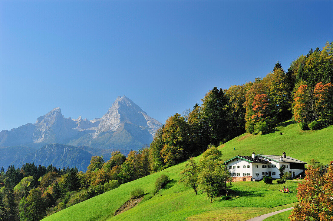 Bauernhof mit Watzmann, Berchtesgadener Alpen, Berchtesgaden, Oberbayern, Bayern, Deutschland
