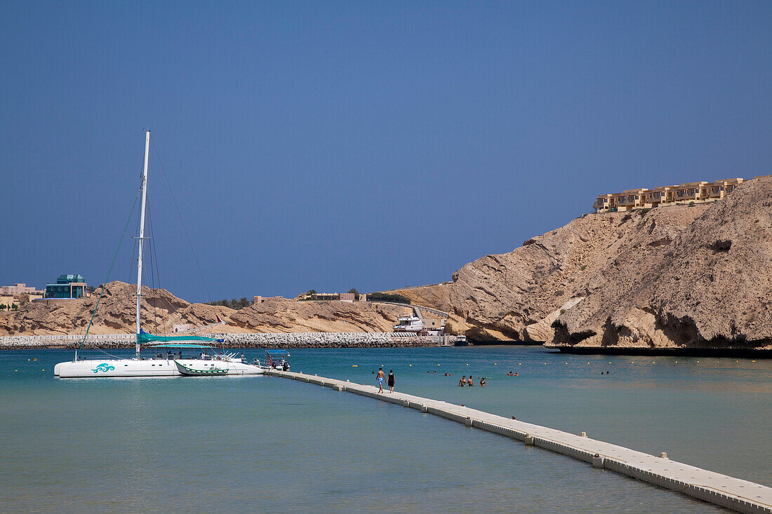 Catamaran SY Azzura, Ocean Blue Oman cruises, at pier of Oman Dive Centre, Muscat, Masqat, Oman, Arabian Peninsula