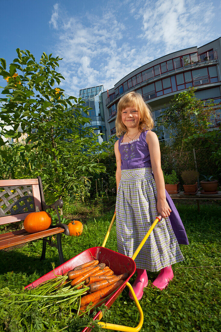 Mädchen zeigt Karotten, Schubkarre, gärtnern im städtischen Schrebergarten, Urban Gardening, Urban Farming, Stadtgarten, Stuttgart, Baden Württemberg, Deutschland