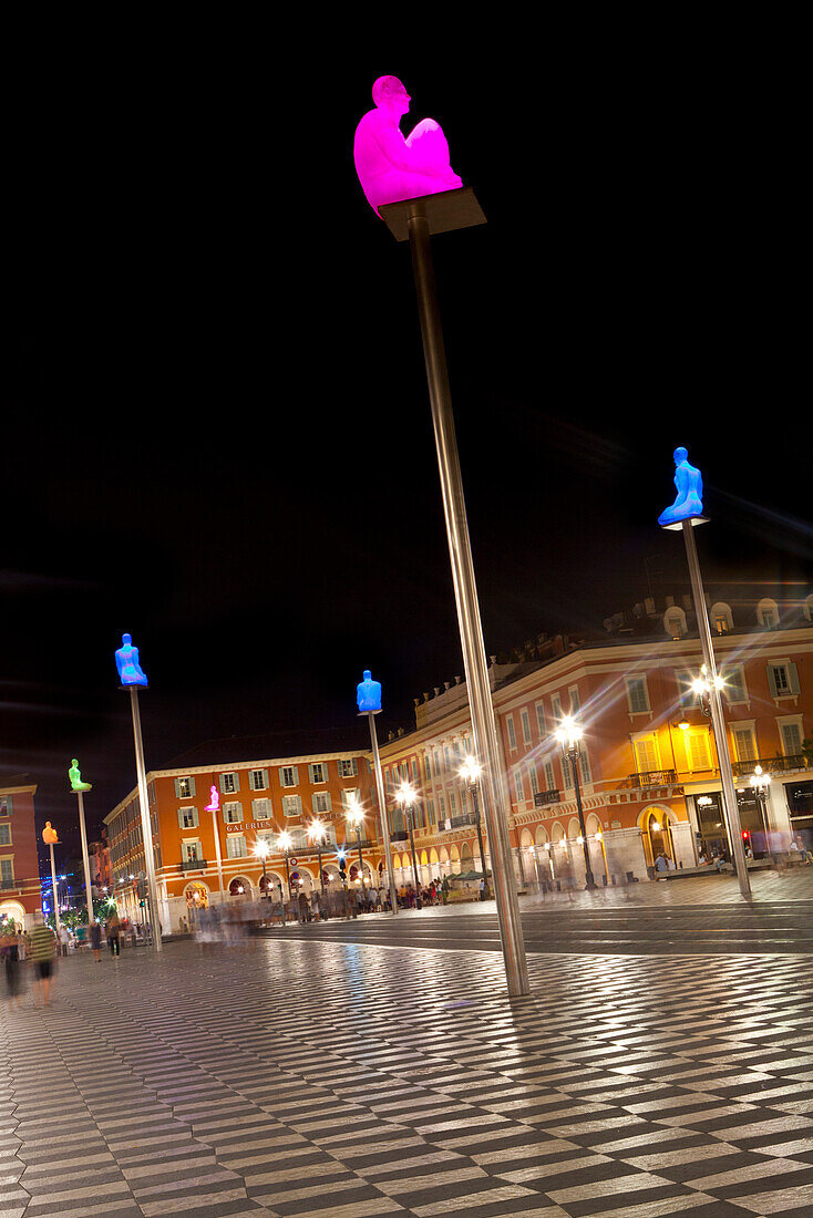 Illuminated sculptures on Place Massena at night, Nice, France, Europe