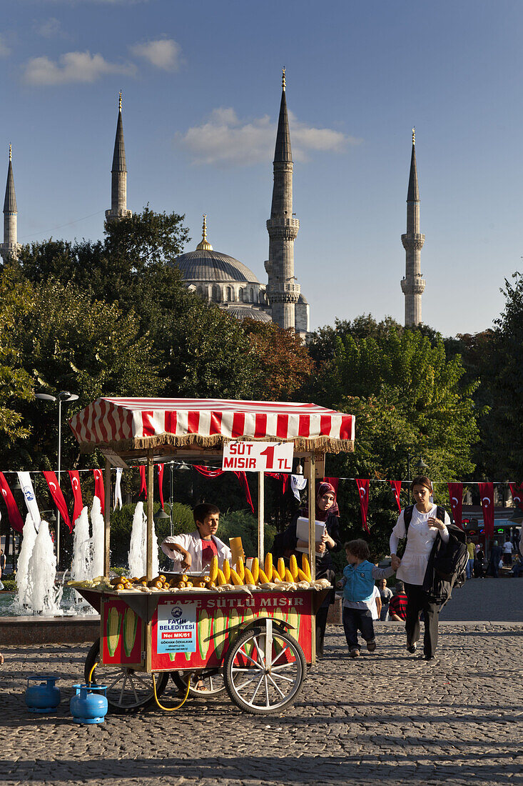 Food stall in front of Blue Mosque, Istanbul, Turkey, Europe