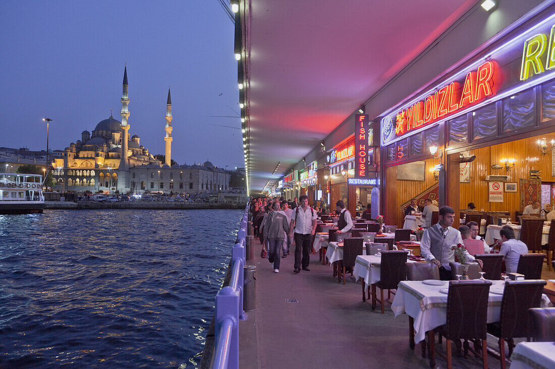 Fish restaurants on Galata bridge in the evening, Istanbul, Turkey, Europe