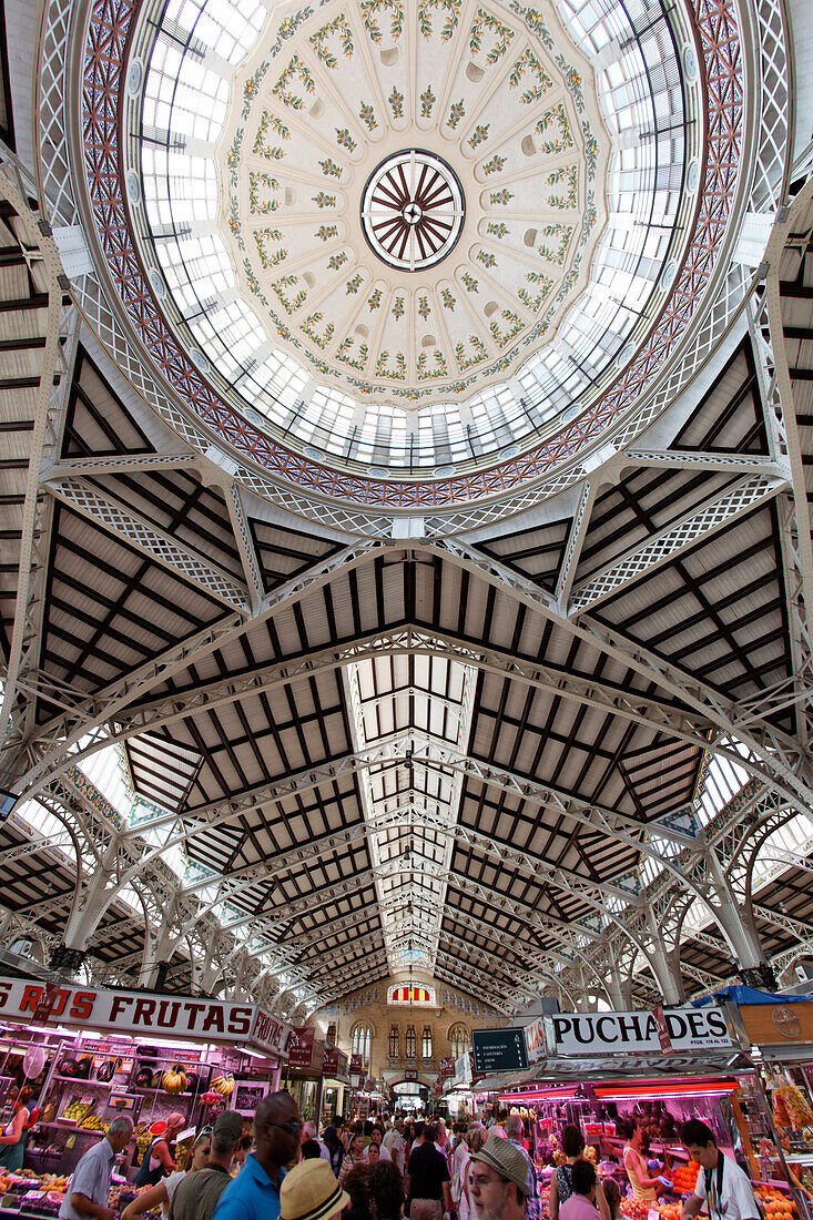 View of art nouveau ceiling at central market hall Mercado Central, Valencia, Spain, Europe