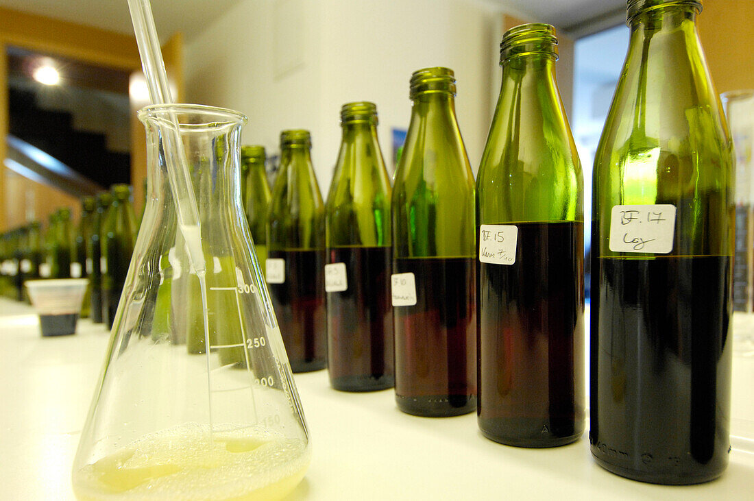 Bottles in the laboratory of winery St. Michael, Eppan an der Weinstrasse, South Tyrol, Italy, Europe