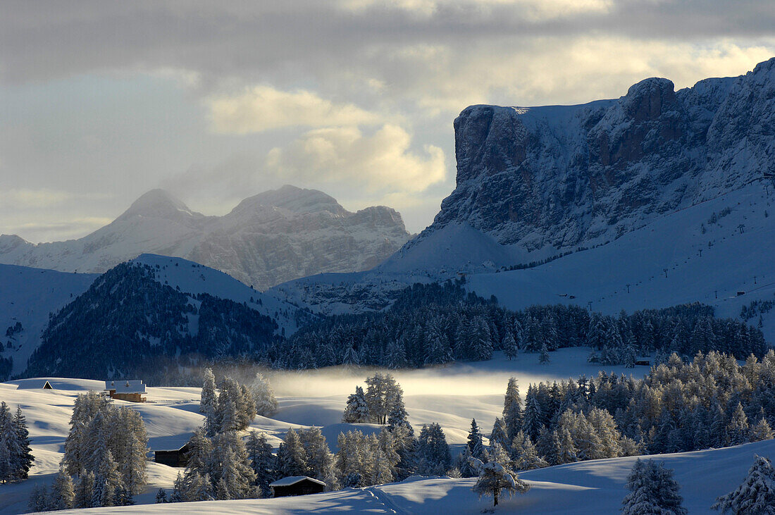 Valley in the morning fog, Seiser Alm, Dolomites, South Tyrol, Trentino-Alto Adige, Italy
