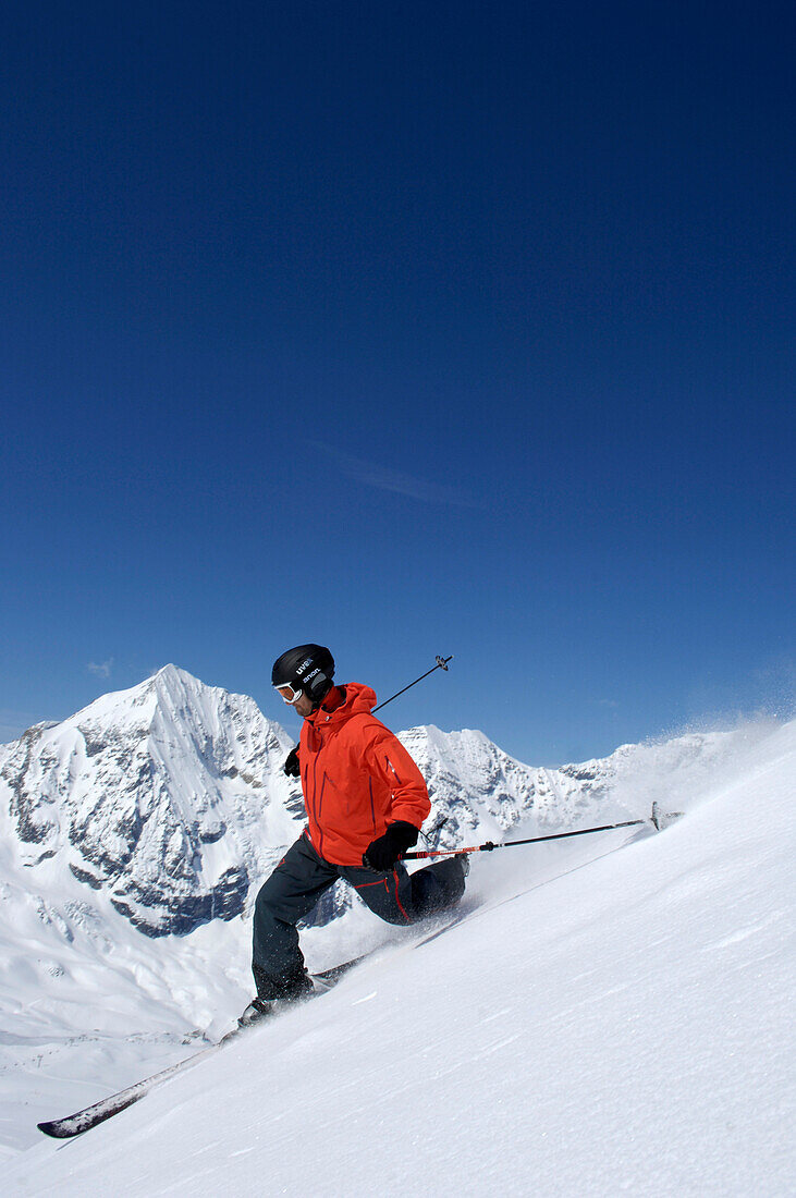 Skier skiing with full winter equipment, Koenigspitze, Ortler Alps, South Tyrol, Trentino-Alto Adige, Italy