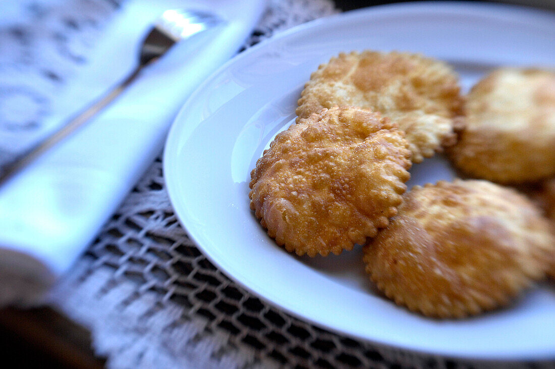 Pasties on a plate in a restaurant, Brunico, Val Pusteria, Alto Adige, South Tyrol, Italy, Europe