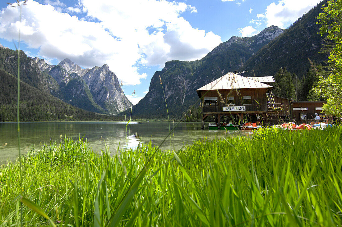 Restaurant at lake Lago di Dobbiaco, Val Pusteria, Alto Adige, South Tyrol, Italy, Europe