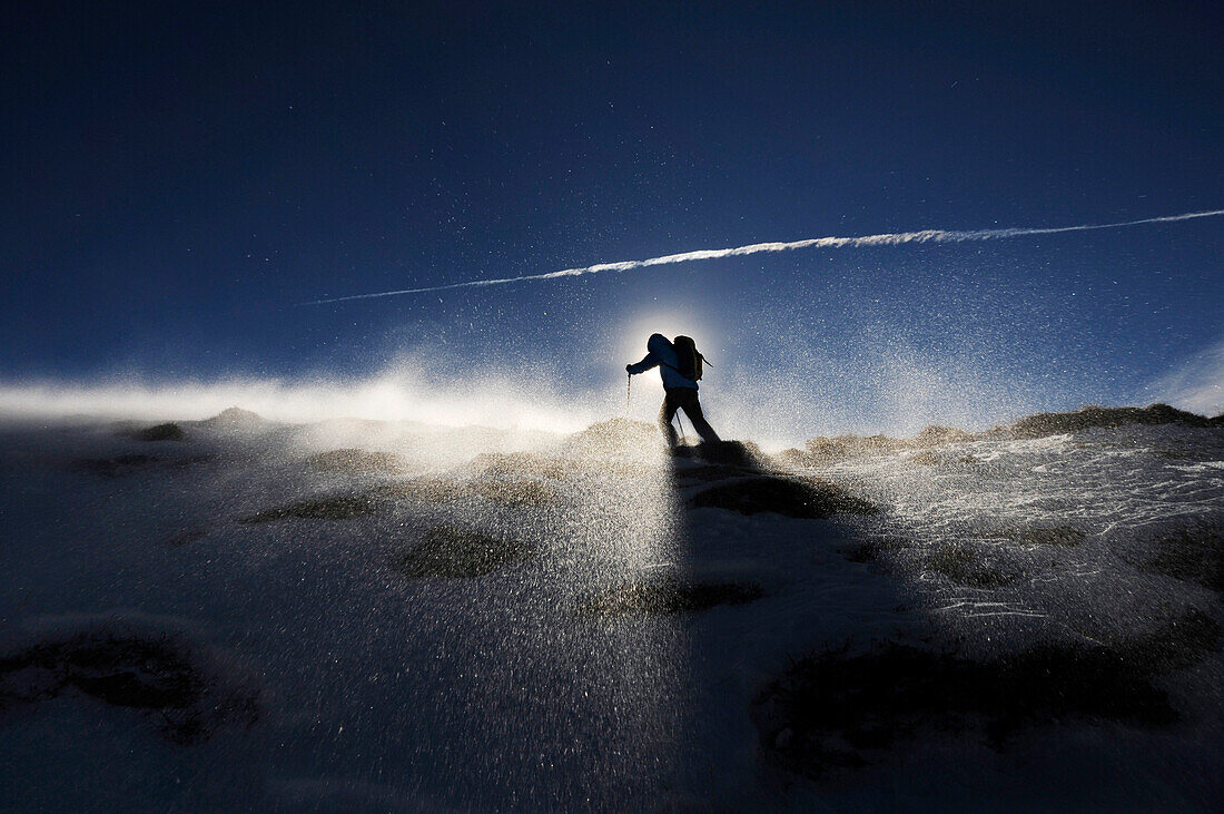 Schneeschuhwanderer im Gegenlicht, Alto Adige, Südtirol, Italien, Europa