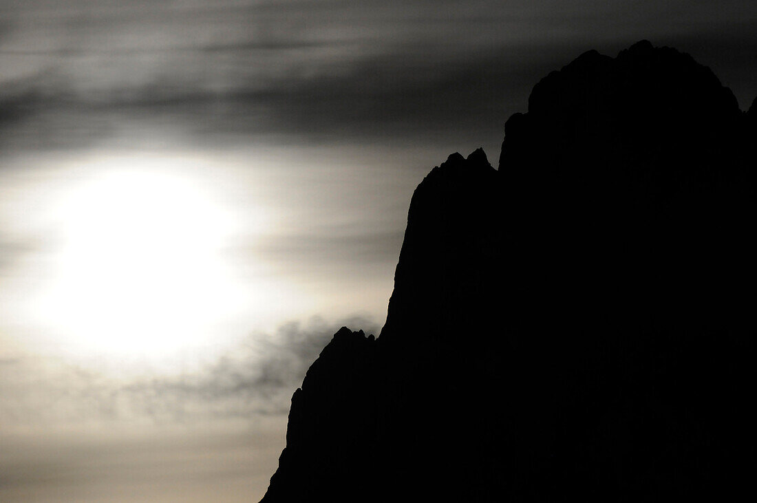 Silhouette of rocks in the moon light, Alpe di Sciusi, Alto Adige, South Tyrol, Italy, Europe