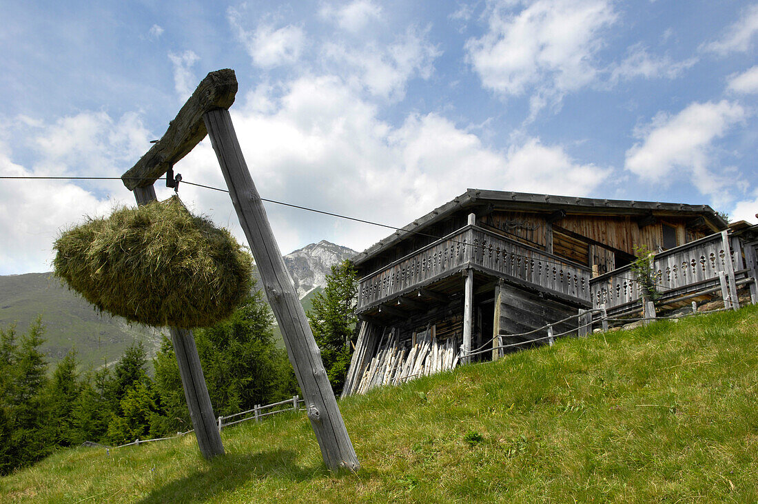 Heubündel und Bauernhaus an einem Berghand, Alto Adige, Südtirol, Italien, Europa