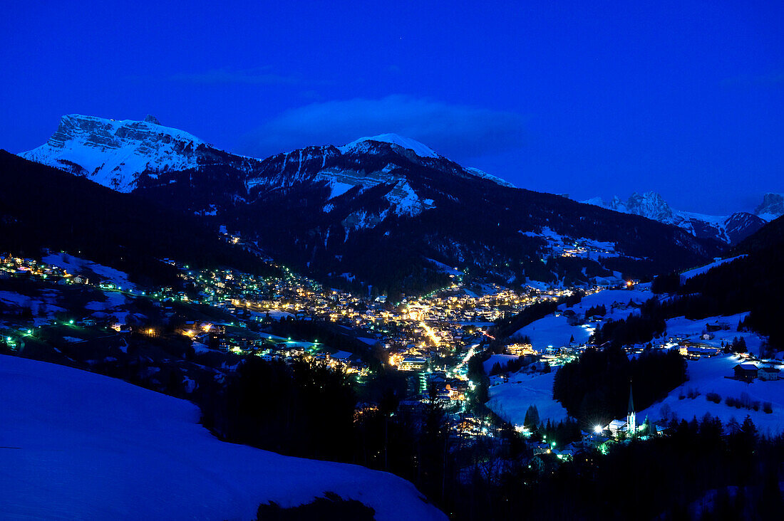View of mountain village Groeden at night, Groeden, Val Gardena, Alto Adige, South Tyrol, Italy, Europe