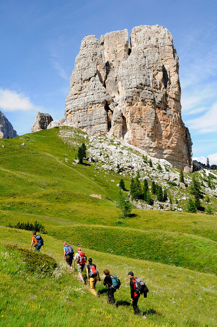 Eine Gruppe Wanderer auf einer Wiese in den Bergen, Cortineser Dolomiten, Alto Adige, Südtirol, Italien, Europa
