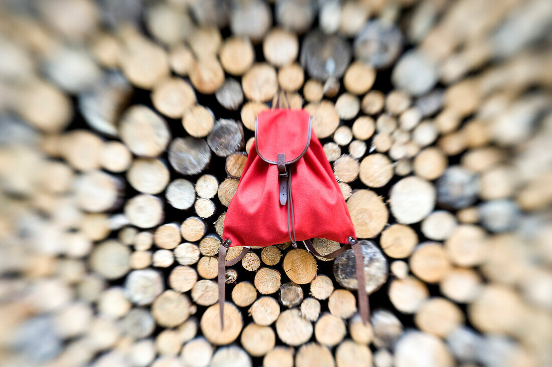 Roter Rucksack an einem Holzstapel, Alto Adige, Südtirol, Italien, Europa