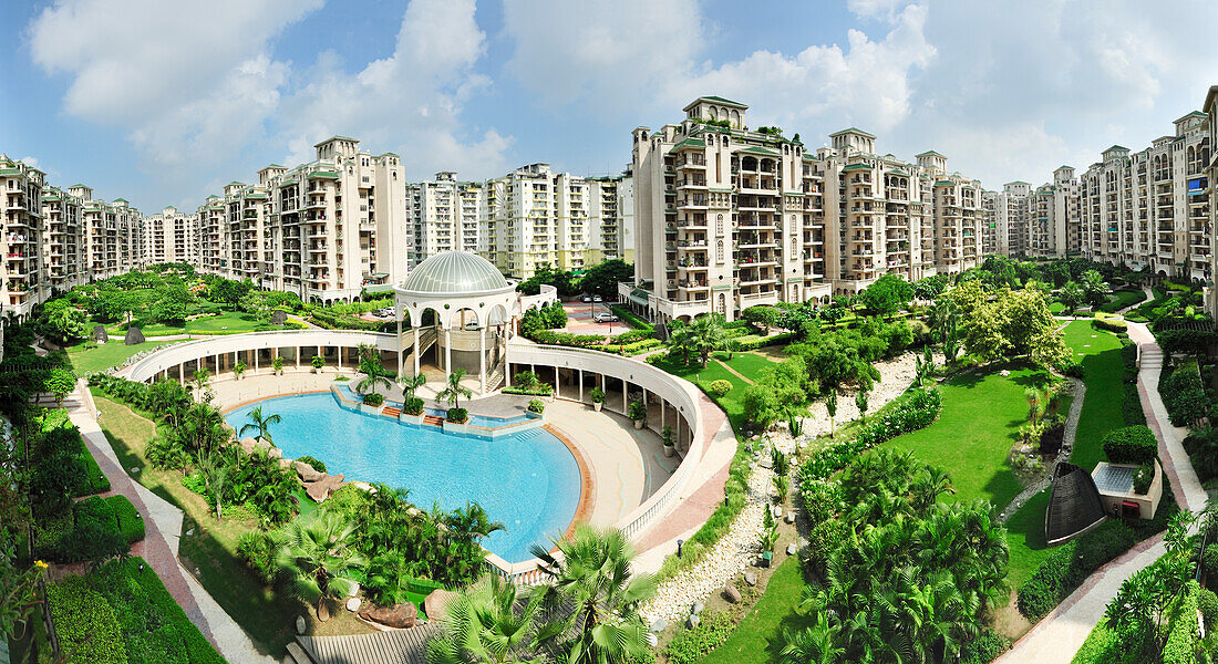 Modern housing estate with pool, Noida, metropolitan area of Delhi, Uttar Pradesh, India