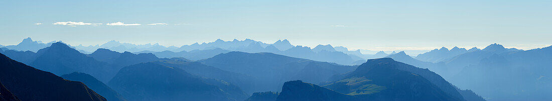 View from mount Niesen over mountain scenery, UNESCO World Heritage Site Jungfrau-Aletsch protected area, Bernese Oberland, canton of Bern, Switzerland