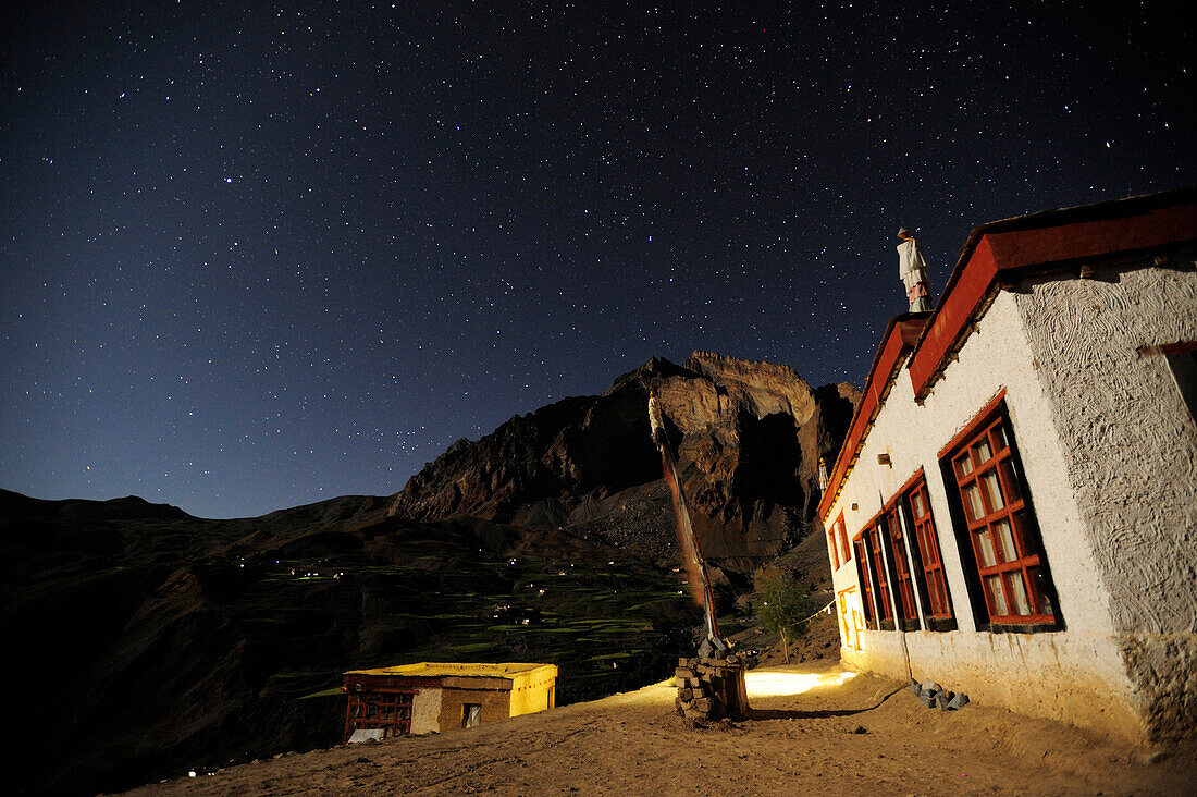 Nunnery with starry sky, monastery of Lingshed, Lingshed, Zanskar Range Traverse, Zanskar Range, Zanskar, Ladakh, India